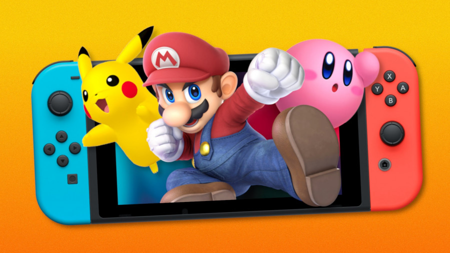 Pikachu, Mario, and Kirby jumping out of a Nintendo Switch