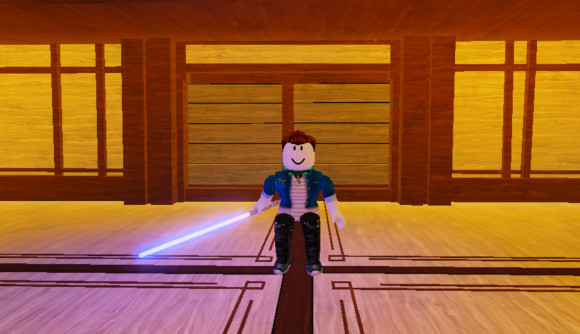 Saber Unbound codes - Roblox figure stands in the training dojo with a light sabre